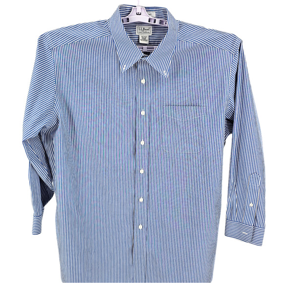 L.L. Bean Wrinkle Resistant 100% Cotton Blue and White Stripe Shirt Size 17.5-33 - Picture 4 of 8